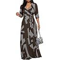Women's Church Maxi Wrap V Neck 3/4 Sleeve Tie Waist Plus Size Long Dress
