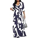 Women's Church Maxi Wrap V Neck 3/4 Sleeve Tie Waist Plus Size Long Dress