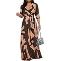 Women's Church Maxi Wrap V Neck 3/4 Sleeve Tie Waist Plus Size Long Dress
