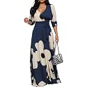 Women's Church Maxi Wrap V Neck 3/4 Sleeve Tie Waist Plus Size Long Dress
