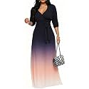 Women's Church Maxi Wrap V Neck 3/4 Sleeve Tie Waist Plus Size Long Dress