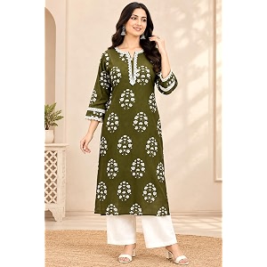 Womens Cotton Floral Printed V-Neck A-Line Kurta