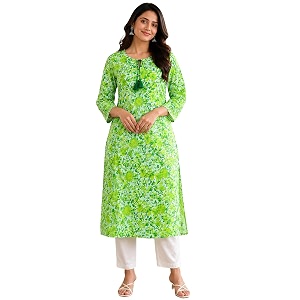 Womens Cotton Floral Printed V-Neck A-Line Kurta