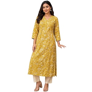 Womens Cotton Floral Printed V-Neck A-Line Kurta