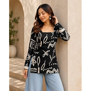 Womens Cotton Floral Printed V-Neck A-Line Kurta