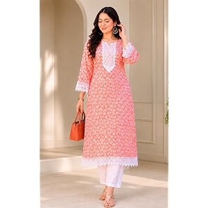Womens Cotton Floral Printed V-Neck A-Line Kurta