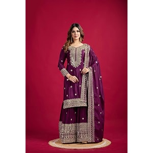 Womens Embroiderd Chinnon Fabric Sharara Top and