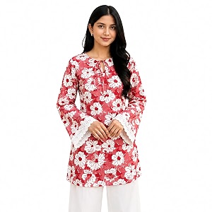 Womens Floral Print Kurti with Lace Bell