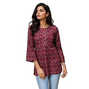 women39s floral printed cotton short kurti top  v-neck  34 bell sleeves  regular fit casual office wear