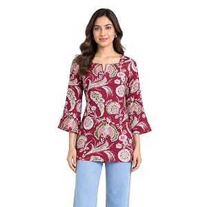 women39s floral printed cotton short kurti top  v-neck  34 bell sleeves  regular fit casual office wear
