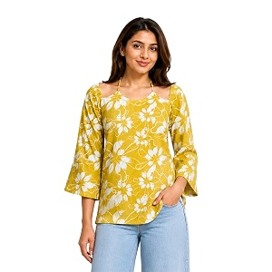 women39s floral printed cotton short kurti top  v-neck  34 bell sleeves  regular fit casual office wear