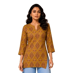 women39s floral printed cotton short kurti top  v-neck  34 bell sleeves  regular fit casual office wear