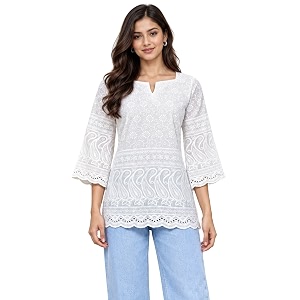 women39s floral printed cotton short kurti top  v-neck  34 bell sleeves  regular fit casual office wear