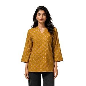 women39s floral printed cotton short kurti top  v-neck  34 bell sleeves  regular fit casual office wear
