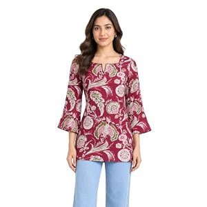 women39s floral printed cotton short kurti top  v-neck  34 bell sleeves  regular fit casual office wear