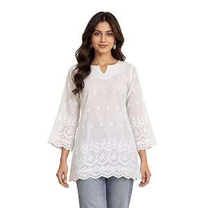 women39s floral printed cotton short kurti top  v-neck  34 bell sleeves  regular fit casual office wear