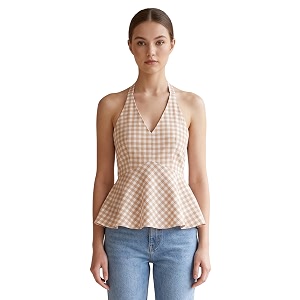 Womens Gingham Halter Neck Peplum Top Sleeveless