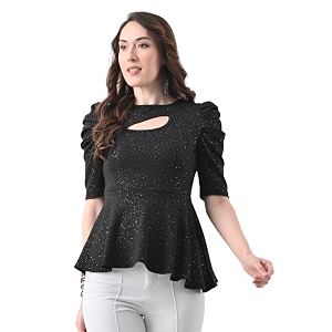 Womens Glitter Peplum Top with Keyhole Neck