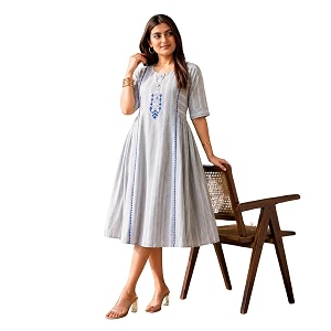 Womens Grey Striped Cotton Midi Dress