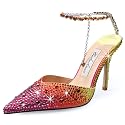 Women's Heeled Sandals Crystal Chain Ankle Straps Rhinestones Buckle High Heels Stiletto Slip On Wedding Party Satin Dress Shoes 3.9 IN