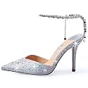 Women's Heeled Sandals Crystal Chain Ankle Straps Rhinestones Buckle High Heels Stiletto Slip On Wedding Party Satin Dress Shoes 3.9 IN