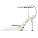 Women's Heeled Sandals Crystal Chain Ankle Straps Rhinestones Buckle High Heels Stiletto Slip On Wedding Party Satin Dress Shoes 3.9 IN