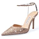 Women's Heeled Sandals Crystal Chain Ankle Straps Rhinestones Buckle High Heels Stiletto Slip On Wedding Party Satin Dress Shoes 3.9 IN