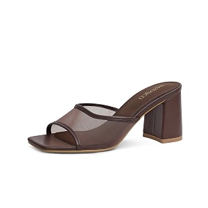 Womens Heeled Sandals Mesh Mules Square Open