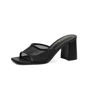 Womens Heeled Sandals Mesh Mules Square Open