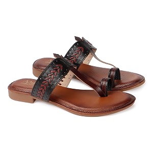 Womens Kolhapuri Chappal Flats Two-Tone Leatherette