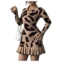 RoseSeek Women's Leopard Print Sweater Dress Cheetah Ruffle Hem Mini Dress