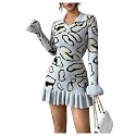 RoseSeek Women's Leopard Print Sweater Dress Cheetah Ruffle Hem Mini Dress
