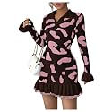 RoseSeek Women's Leopard Print Sweater Dress Cheetah Ruffle Hem Mini Dress