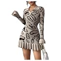 RoseSeek Women's Leopard Print Sweater Dress Cheetah Ruffle Hem Mini Dress
