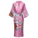 Women's Long Kimono Robe Floral Printed Satin Robes Lightweight Silky Bathrobe Nightgown with Pockets