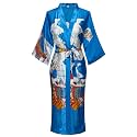 Women's Long Kimono Robe Floral Printed Satin Robes Lightweight Silky Bathrobe Nightgown with Pockets, Blue, Large
