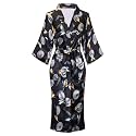 Women's Long Kimono Robe Floral Printed Satin Robes Lightweight Silky Bathrobe Nightgown with Pockets, Blacknew, Small