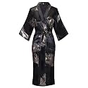 Women's Long Kimono Robe Floral Printed Satin Robes Lightweight Silky Bathrobe Nightgown with Pockets