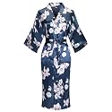 Women's Long Kimono Robe Floral Printed Satin Robes Lightweight Silky Bathrobe Nightgown with Pockets