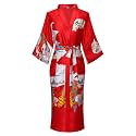 Women's Long Kimono Robe Floral Printed Satin Robes Lightweight Silky Bathrobe Nightgown with Pockets, Red, X-Large