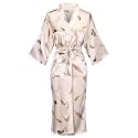 Women's Long Kimono Robe Floral Printed Satin Robes Lightweight Silky Bathrobe Nightgown with Pockets, Beige, X-Large