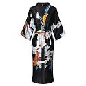 Women's Long Kimono Robe Floral Printed Satin Robes Lightweight Silky Bathrobe Nightgown with Pockets, Black, X-Large