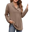 Women's Long Sleeve Tops Fall Shawl Neck Tunic Tops for Leggings Casual Blouse Sweatshirt