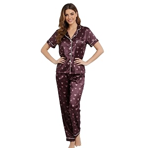 Womens Lycra Heart Printed Night Suit Set