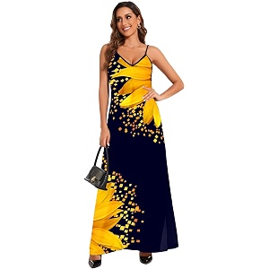 Womens Maxi Sunflower Dresses Sleeveless Long Tie