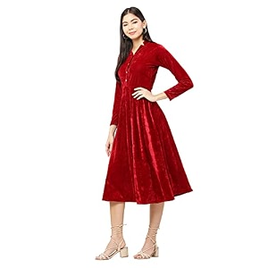 Womens Midi Velvet Short DressWith Band Collar