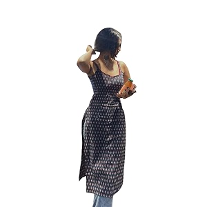 Womens Navy Blue Cotton Kurti with Red