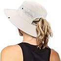 Women's Outdoor UV-Protection-Foldable Sun-Hats Mesh Wide-Brim Beach Fishing Hat with Ponytail-Hole, Beige, One Size