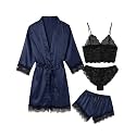 Women's Pajama Satin Sexy Lingerie Robe Set 4 Piece Silk Lace Pjs
