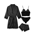 Women's Pajama Satin Sexy Lingerie Robe Set 4 Piece Silk Lace Pjs